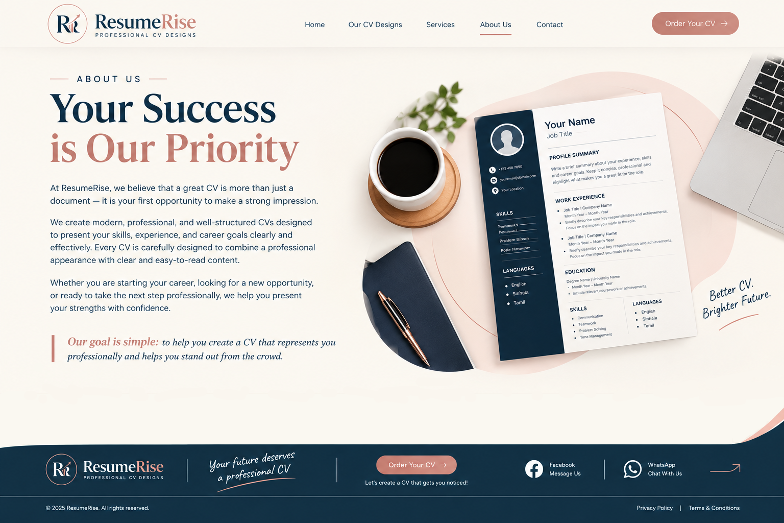 About Us. Your Success is Our Priority. Original artwork with a cup, laptop, notebook and CV.